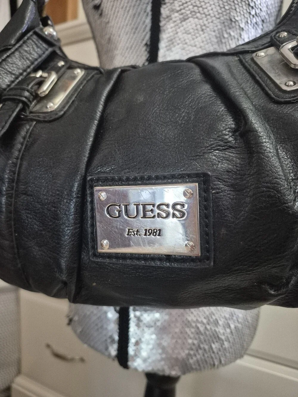 Y2K Rare Guess Black Leather Shoulder Hobo Bag Silver Hardware - Picture 3 of 6